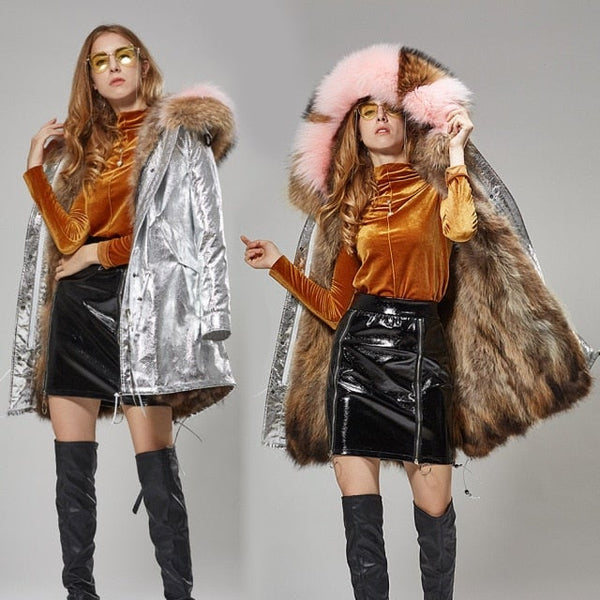 Stylish Women's Thick Warm Long Winter Jacket with Natural Raccoon Fur Hood  -  GeraldBlack.com