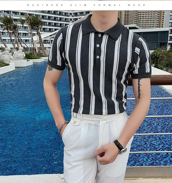 Summer Casual Fashion Men's Stripe Short Sleeves Breathable Knitted Shirt - SolaceConnect.com