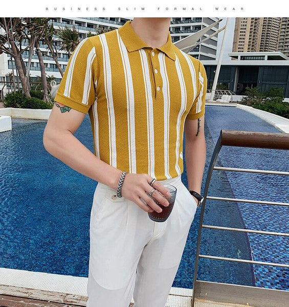 Summer Casual Fashion Men's Stripe Short Sleeves Breathable Knitted Shirt - SolaceConnect.com