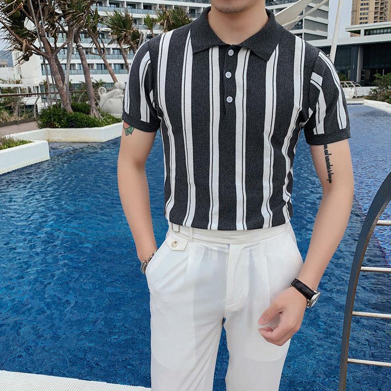 Summer Casual Fashion Men's Stripe Short Sleeves Breathable Knitted Shirt  -  GeraldBlack.com