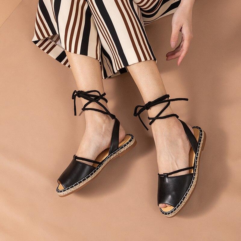 Summer Casual Women's Genuine Leather Flannel Rope Peep Toe Lace-up Flats  -  GeraldBlack.com