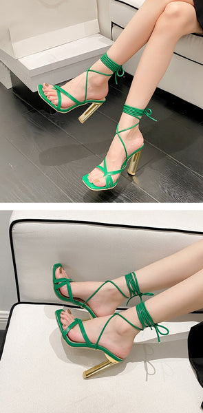 Summer Concise Roman Square Toe High Heel Pumps Ankle Strap Fashion GLADIATOR Banquet Shoes Size  -  GeraldBlack.com