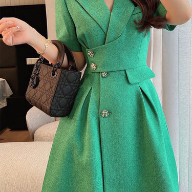 Summer elegant party dresses suit collar slim green button short sleeve fashion professional dress  -  GeraldBlack.com