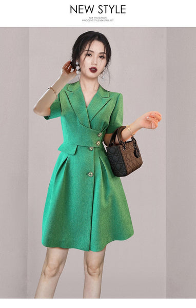Summer elegant party dresses suit collar slim green button short sleeve fashion professional dress  -  GeraldBlack.com