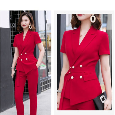 Summer Fashion Women's Short Sleeve Blazer and Pant Suit with Belt on Clearance  -  GeraldBlack.com