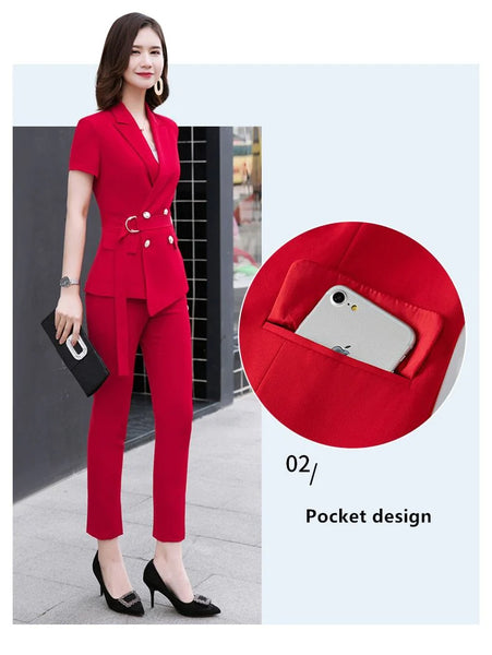 Summer Fashion Women's Short Sleeves Blazer and Pants Suits with Belt - SolaceConnect.com