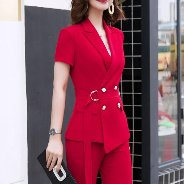 Summer Fashion Women's Short Sleeves Blazer and Pants Suits with Belt  -  GeraldBlack.com