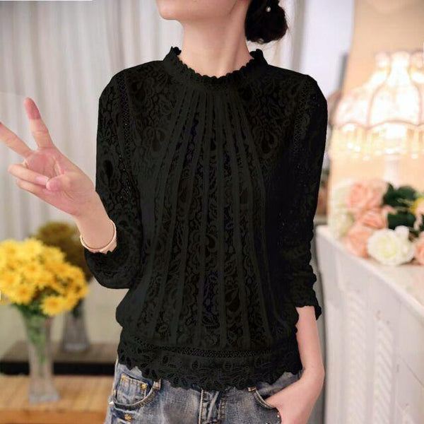 Summer Ladies White Long Sleeve Chiffon Lace Crochet Top Blouses - SolaceConnect.com