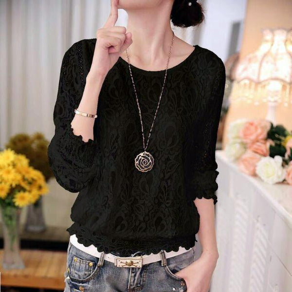 Summer Ladies White Long Sleeve Chiffon Lace Crochet Top Blouses - SolaceConnect.com