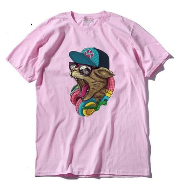Summer Loose Street Style Music Cat Printed Cotton T-Shirt for Men - SolaceConnect.com