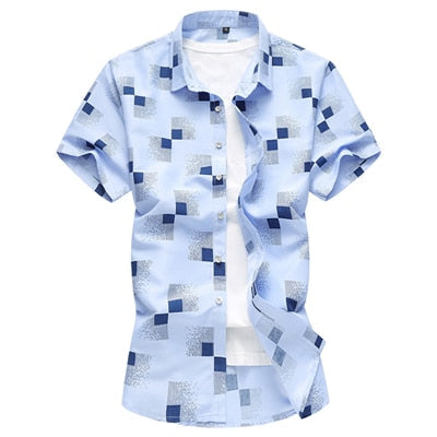 Summer Men Geometric Plaid printed Hawaiian vacation Short sleeve shirts camisa masculina casual shirt 5XL 6XL 7XL  -  GeraldBlack.com
