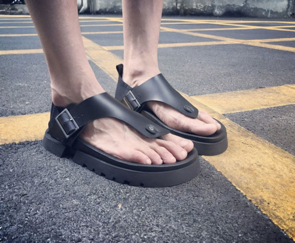 Summer Men's Genuine Leather Thick Buckle Strap Platform Flip Flop Sandals - SolaceConnect.com