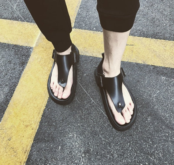 Summer Men's Genuine Leather Thick Buckle Strap Platform Flip Flop Sandals - SolaceConnect.com