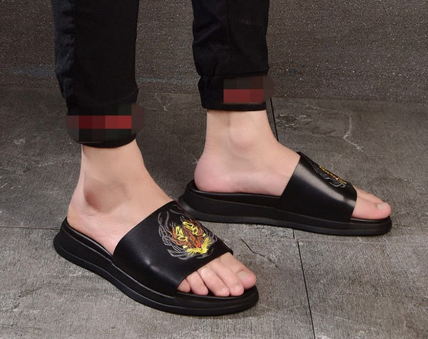 Summer Men's Leather Animal Pattern Embroidery Beach Sandals Slippers - SolaceConnect.com