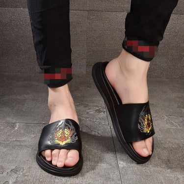 Summer Men's Leather Animal Pattern Embroidery Beach Sandals Slippers  -  GeraldBlack.com
