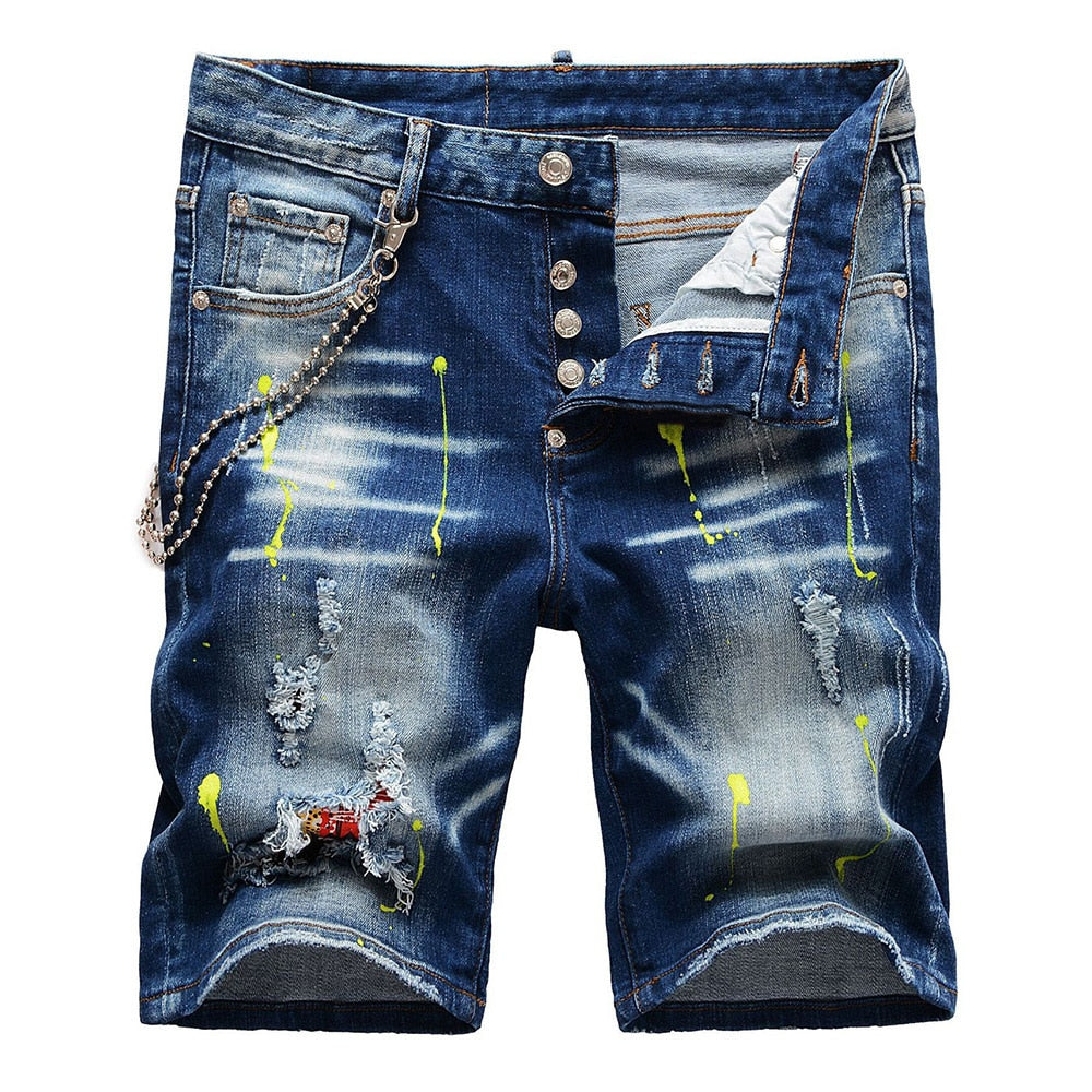 Summer Men's Painted Patchwork Buttons Fly Ripped Distressed Denim Shorts  -  GeraldBlack.com