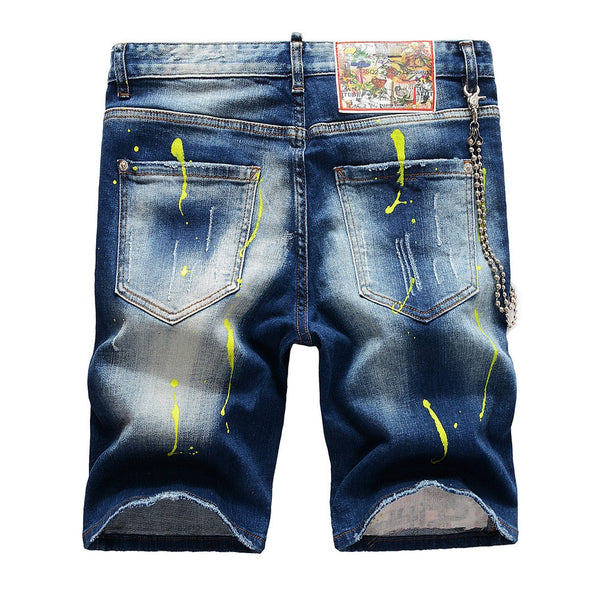 Summer Men's Painted Patchwork Buttons Fly Ripped Distressed Denim Shorts  -  GeraldBlack.com