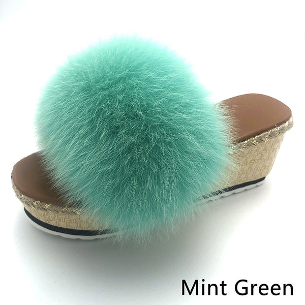 Summer Mint Green Color Real Fox Fur Wedges House Slippers for Women  -  GeraldBlack.com