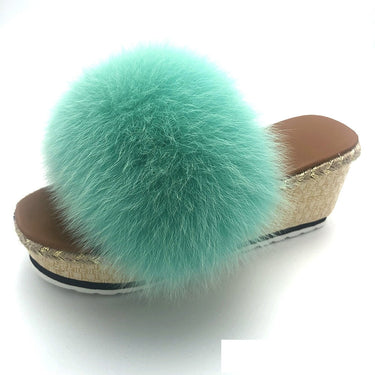 Summer Mint Green Color Real Fox Fur Wedges House Slippers for Women  -  GeraldBlack.com