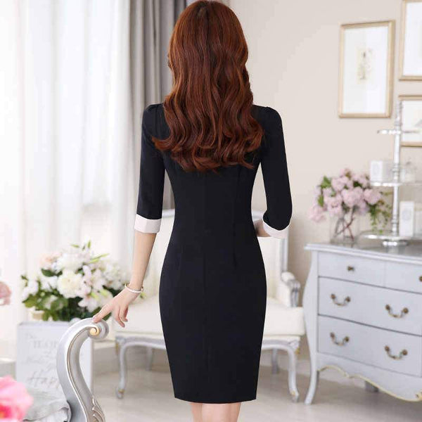 Summer Office Career Business Wear Black Half Sleeve Pencil Dress for Women - SolaceConnect.com