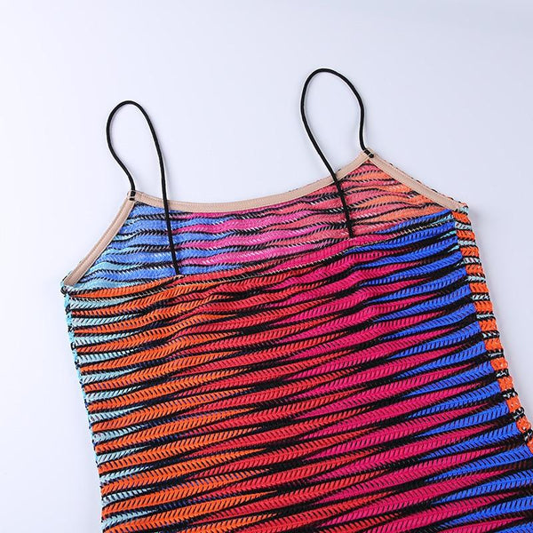Multicolor Striped Cami Dress Summer Bodycon Casual Sexy Streetwear Fashion Skinny Party Mesh - SolaceConnect.com