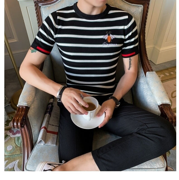 Summer Top Streetwear Social Club Outfits Slim Fit T Shirt Men Knitting Stripe Round Neck  -  GeraldBlack.com