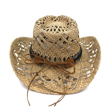 Summer Unisex Western Cowboy Straw  Bull Head Band Decor Handmade Crochet Salt Grass Outdoor Wide Brim Hat  -  GeraldBlack.com