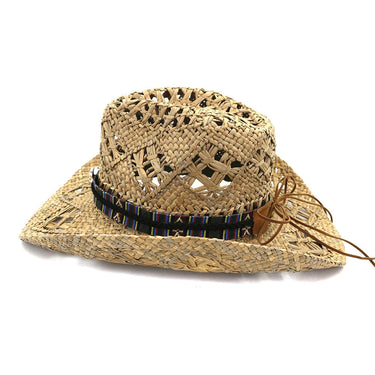 Summer Unisex Western Cowboy Straw  Bull Head Band Decor Handmade Crochet Salt Grass Outdoor Wide Brim Hat  -  GeraldBlack.com