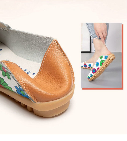 Summer Women's Print Flower Genuine Leather Hollow Flats Ballet Loafers - SolaceConnect.com