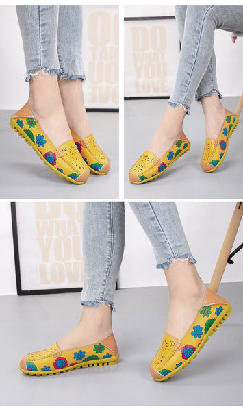 Summer Women's Print Flower Genuine Leather Hollow Flats Ballet Loafers - SolaceConnect.com