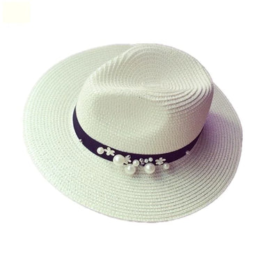 Summer Women's Straw Floral Beads Wide Brimmed Jazz Panama Sun Hat  -  GeraldBlack.com