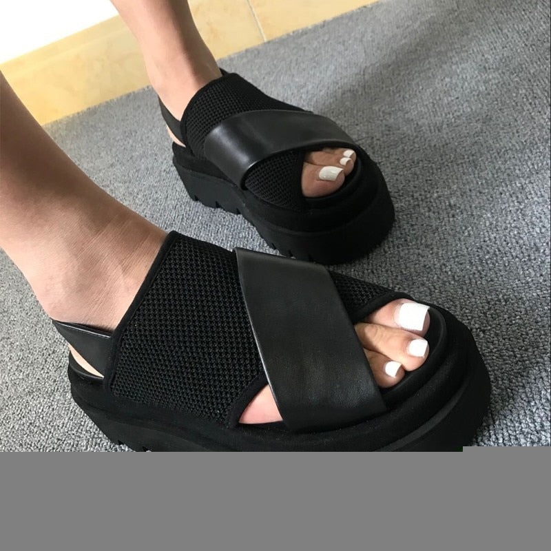Summer Women Thick Platform Beach Gladiator Mesh Patchwork Genuine Leather Casual Open Toe Wedges Shoes  -  GeraldBlack.com