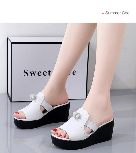 Summer Women Wedge Heeled Casual Leather Slippers Open Toe Anti-slip Slides Flip Flops  -  GeraldBlack.com