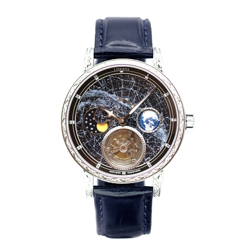 Super Mens Automatic Tourbillon Mechanical Watch Milky Way 3D Rotate Earth Moonphase Business Wrist Watches Luminous Dial  -  GeraldBlack.com