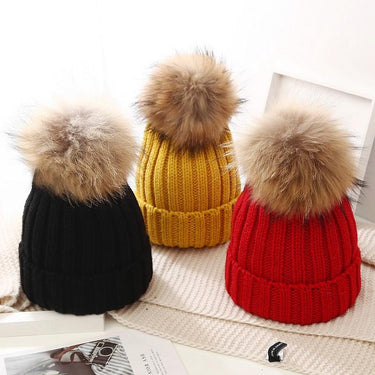 Super Raccoon Fur Ball Solid Color Baby Knitted Hat for Winter Outdoor - SolaceConnect.com