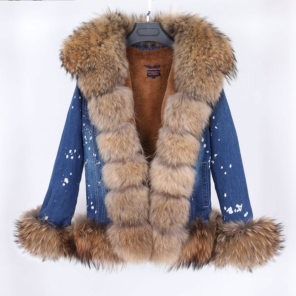 Super short denim fox fur collar rabbit fur lining removable fashionable warm jacket casual jacket  -  GeraldBlack.com