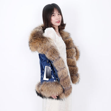 Super short denim fox fur collar rabbit fur lining removable fashionable warm jacket casual jacket  -  GeraldBlack.com