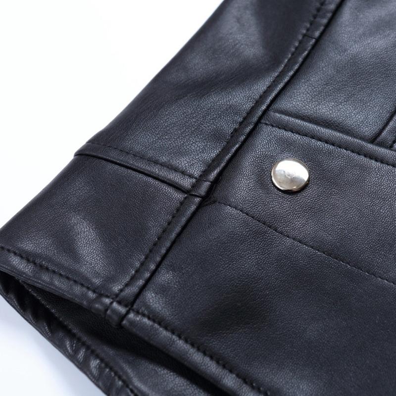 Synthetic Leather Black Zipper Jacket with Turn-Down Collar for Women Bikers - SolaceConnect.com