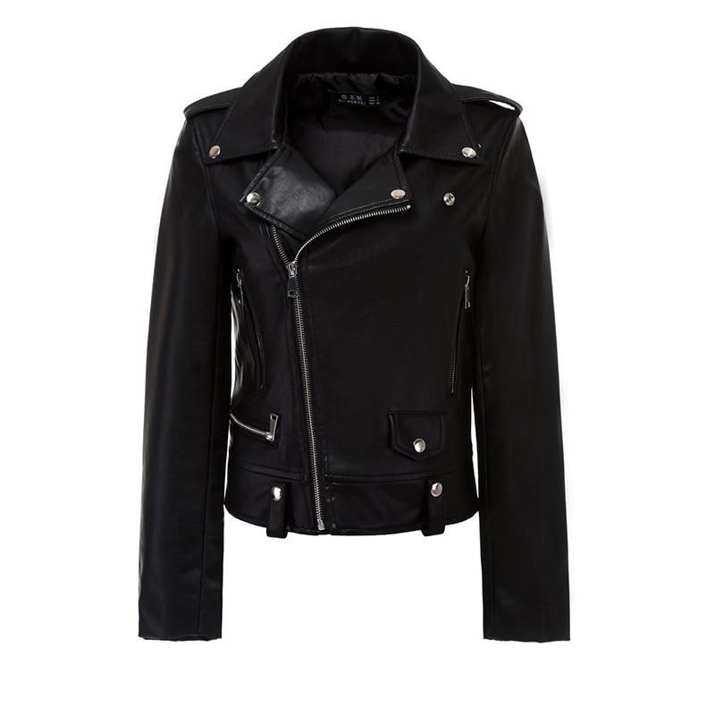 Synthetic Leather Black Zipper Jacket with Turn-Down Collar for Women Bikers - SolaceConnect.com