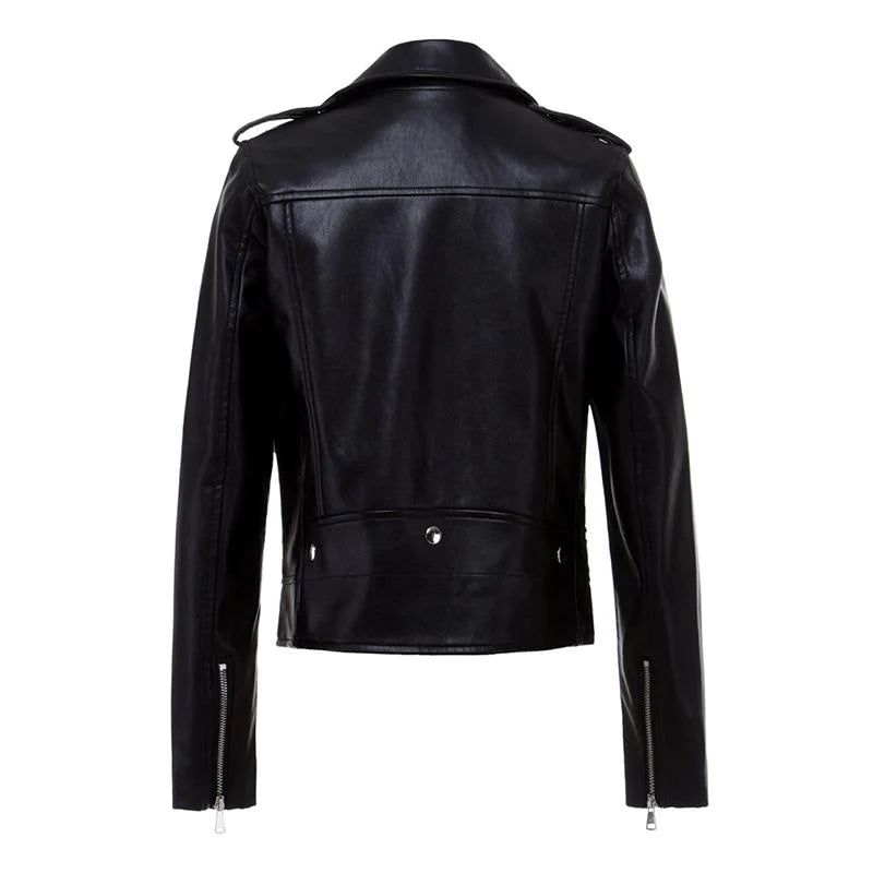 Synthetic Leather Black Zipper Jacket with Turn-Down Collar for Women Bikers  -  GeraldBlack.com