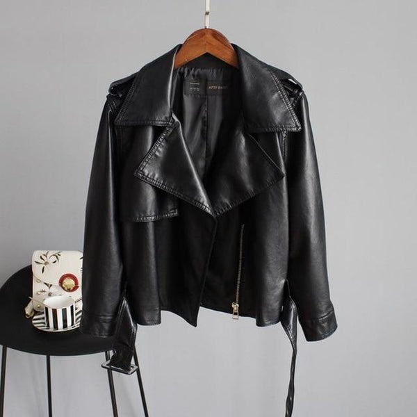 Synthetic Leather Soft Motorcycle Jacket for Women with Turn Down Collar - SolaceConnect.com