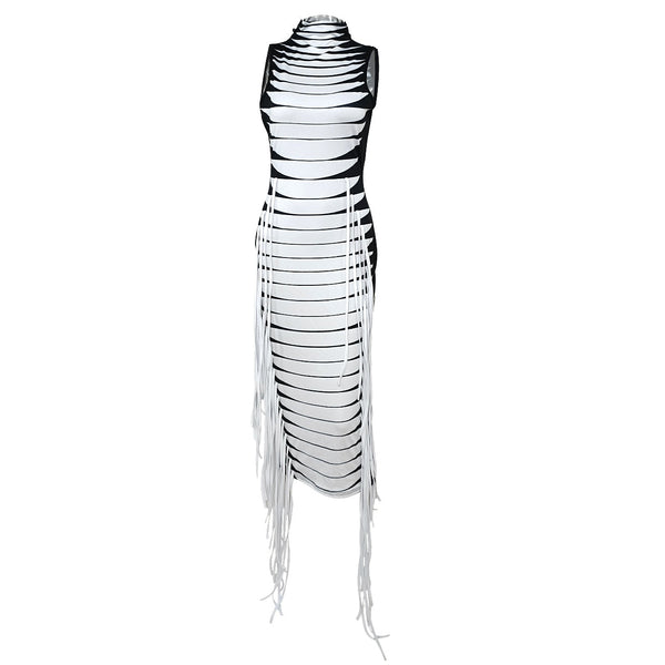 Tassel Striped Women Maxi Dress Sleeveless Turtleneck Skinny Personality Design Bodycon Y2K Casual Streetwear  -  GeraldBlack.com