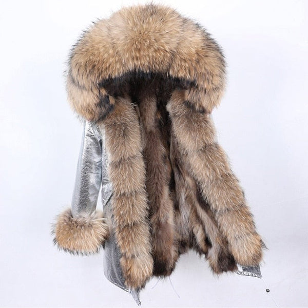 Thick Long Hooded Women's Winter Jacket with Natural Raccoon Fur Collar  -  GeraldBlack.com