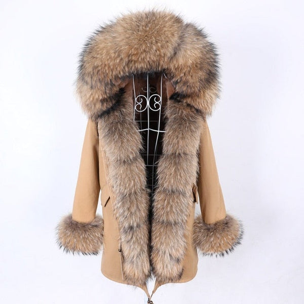 Thick Warm Winter Style Khaki Natural Fur Collar Coat Parka Jacket for Women  -  GeraldBlack.com