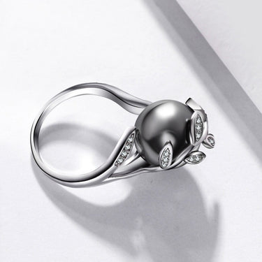 Trendy Leaf Rose Fashion Gold Ring Women's Jewelry with Gray Pearl - SolaceConnect.com