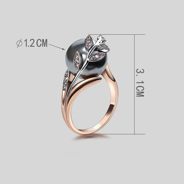 Trendy Leaf Rose Fashion Gold Ring Women's Jewelry with Gray Pearl  -  GeraldBlack.com