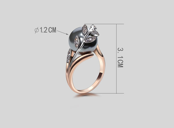 Trendy Leaf Rose Fashion Gold Ring Women's Jewelry with Gray Pearl  -  GeraldBlack.com
