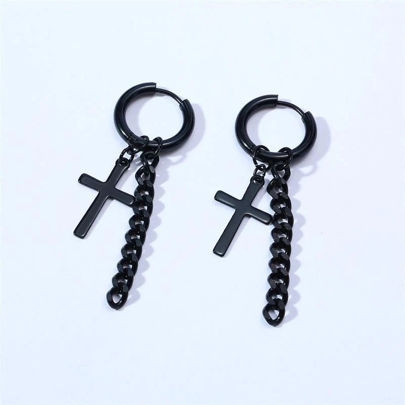 Trendy Small Hoop Unisex Cross Chain Dangle Earrings in Stainless Steel - SolaceConnect.com