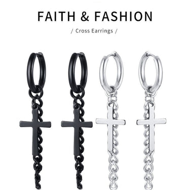 Trendy Small Hoop Unisex Cross Chain Dangle Earrings in Stainless Steel - SolaceConnect.com