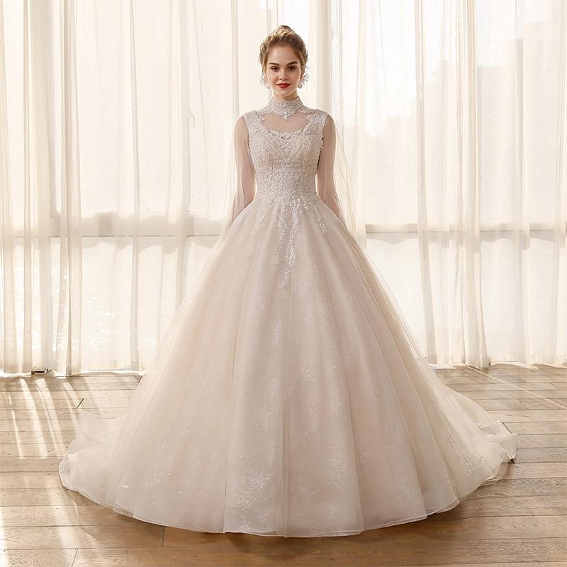 Tulle High Neckline Wedding Dresses with Long Sleeves and Lace Applique  -  GeraldBlack.com
